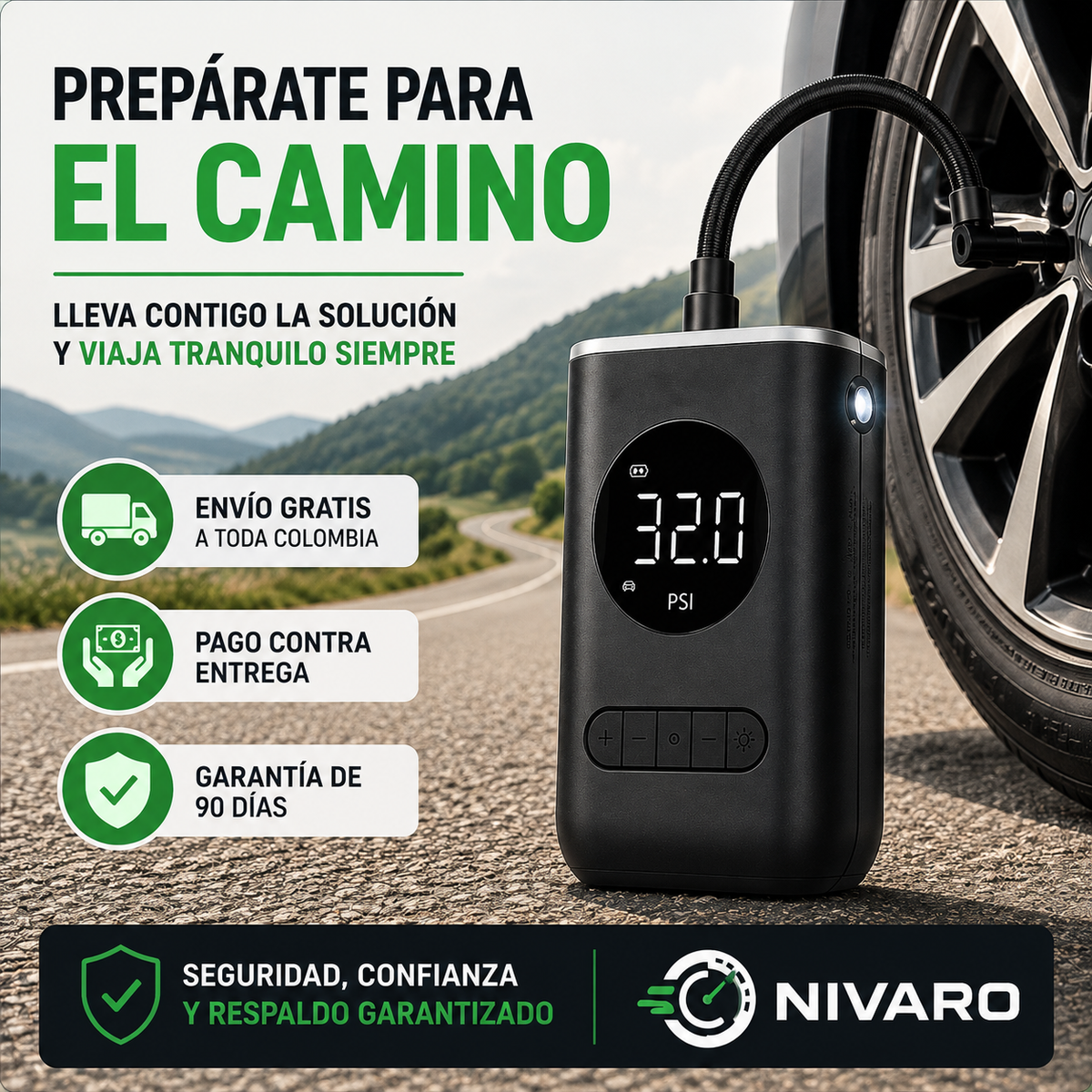 Compresor Portátil para Neumáticos — Evita Quedarte con un Neumático Bajo.