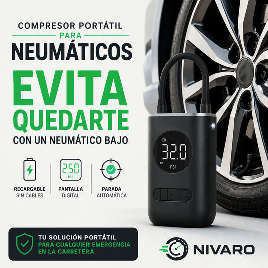 Compresor Portátil para Neumáticos — Evita Quedarte con un Neumático Bajo.