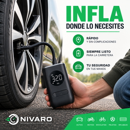 Compresor Portátil para Neumáticos — Evita Quedarte con un Neumático Bajo.