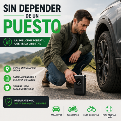 Compresor Portátil para Neumáticos — Evita Quedarte con un Neumático Bajo.