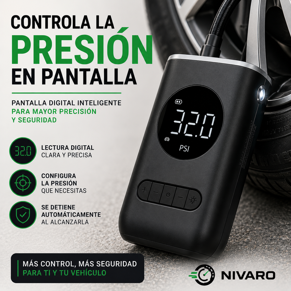 Compresor Portátil para Neumáticos — Evita Quedarte con un Neumático Bajo.